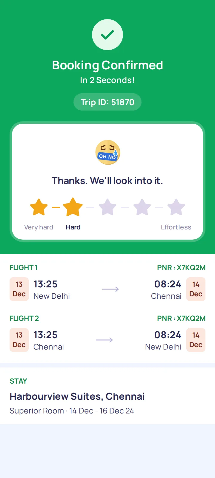 A booking confirmation on a phone after a low rating: “Thanks. We’ll look into it.”