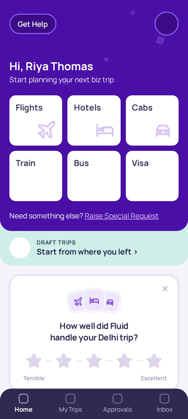 The Fluid app’s Home on a phone, with the feedback card under the booking tiles.