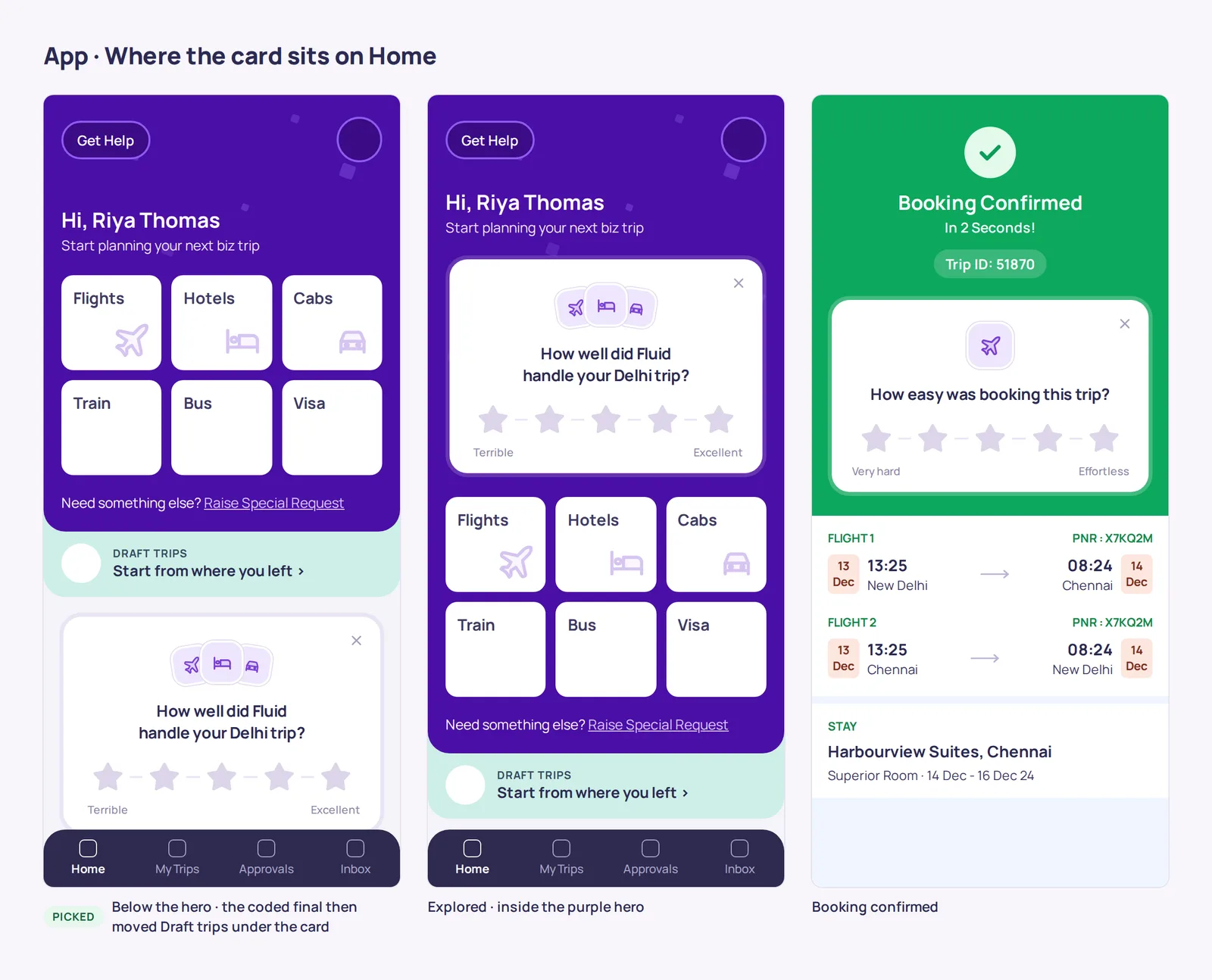 Three places for the card in the app: below the hero on Home, inside the purple hero, and on the booking confirmation.