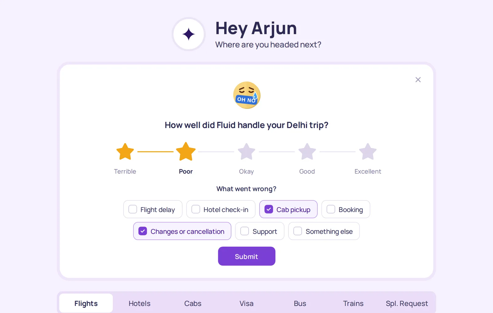 The web card after a two-star rating: a worried emoji, “What went wrong?” with reasons to tick, and Submit.