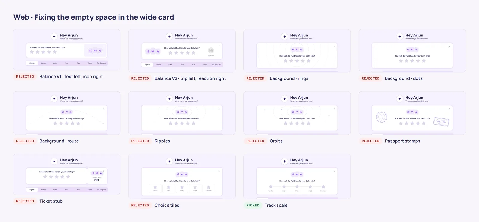 Eleven layouts for the wide web card: ten marked rejected and the track scale marked picked.