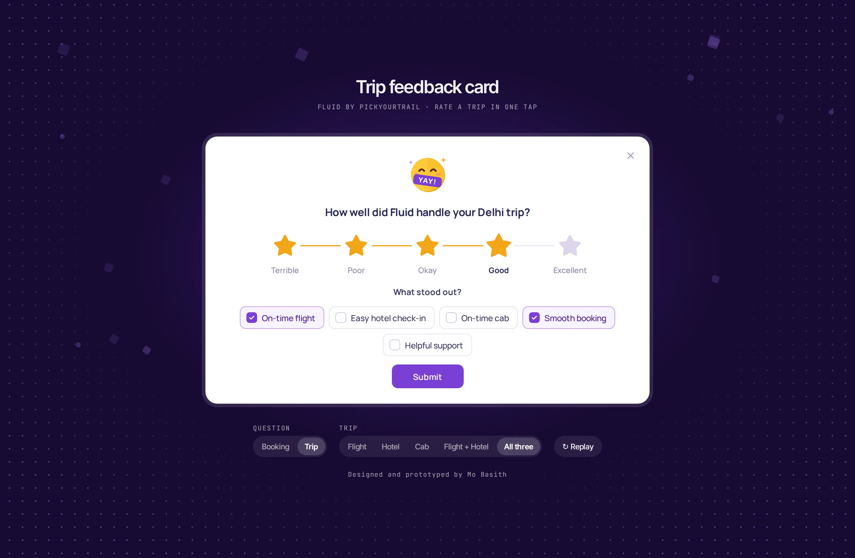 The showcase page: the trip feedback card rated four stars, with “What stood out?” and reasons to tick, on a purple ground.