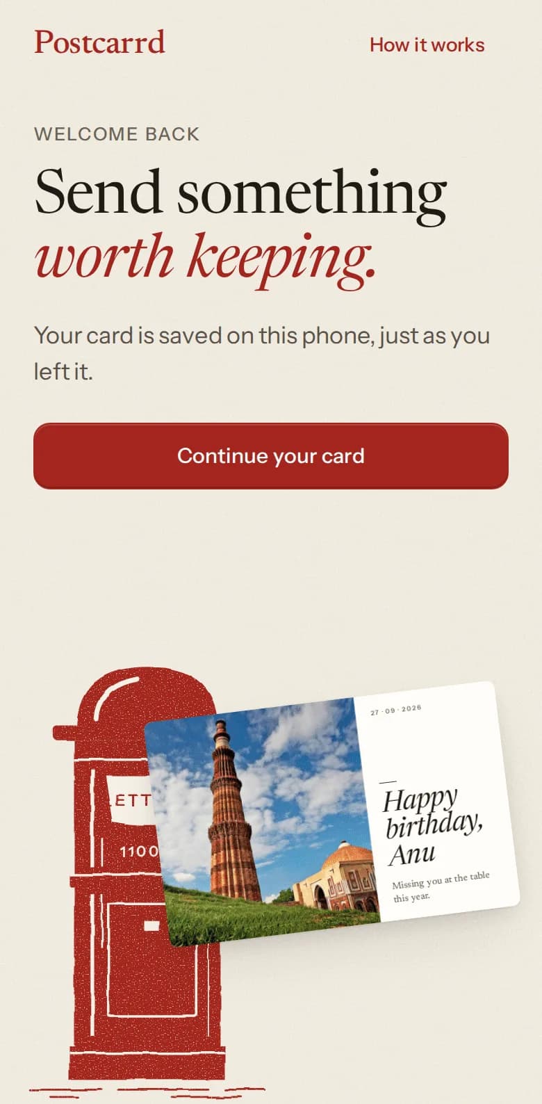 Postcarrd: App · Card in progress