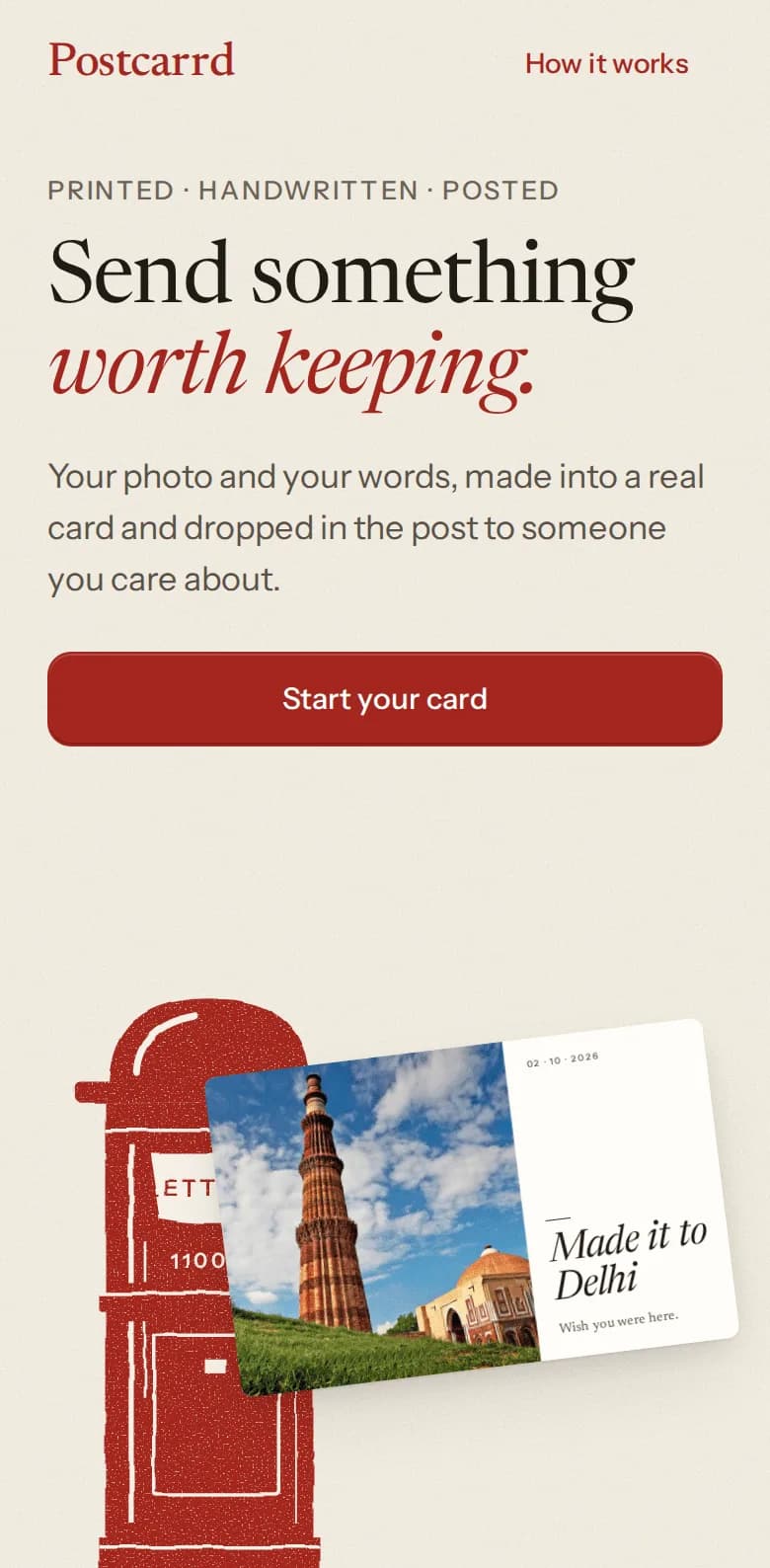 Postcarrd’s home page on a phone: the headline, a “Start your card” button and the red postbox.