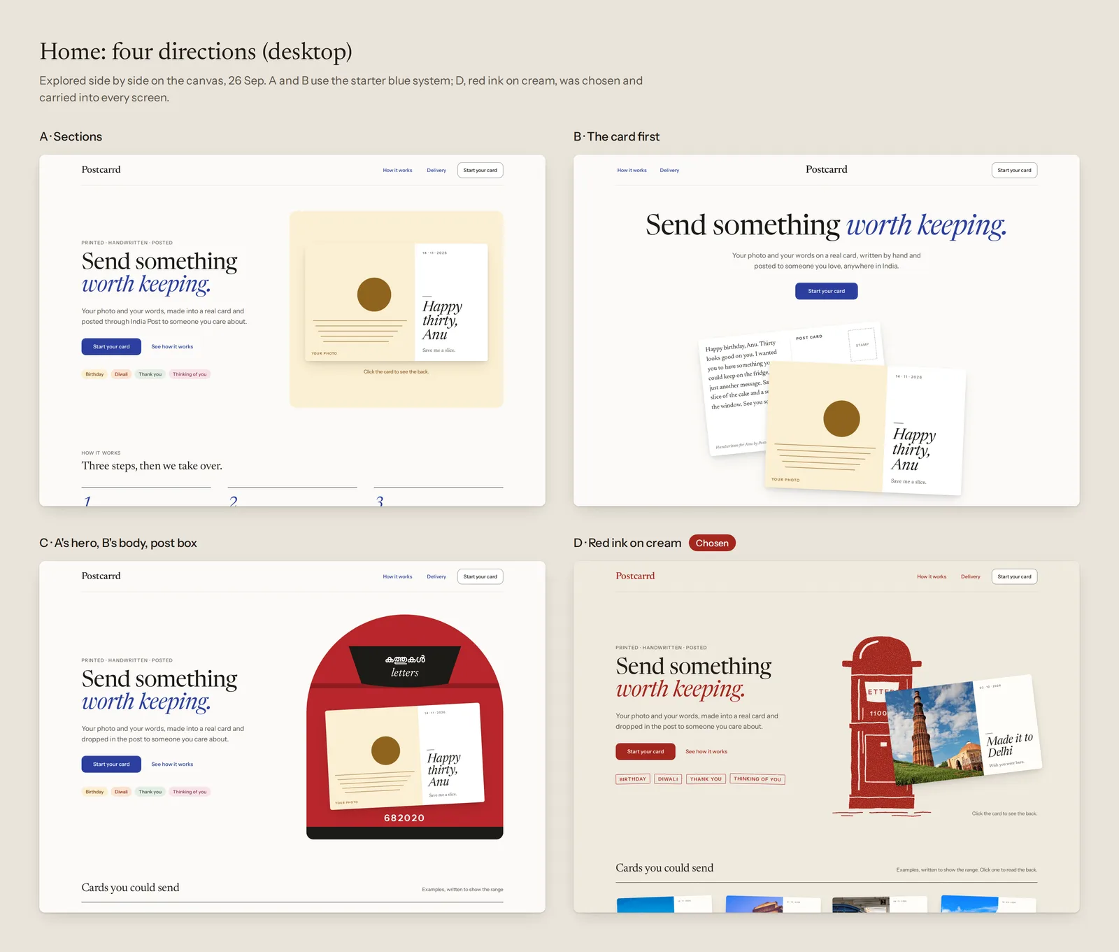Four directions for the home page side by side, lettered A to D; D, red ink on cream, is marked as chosen.
