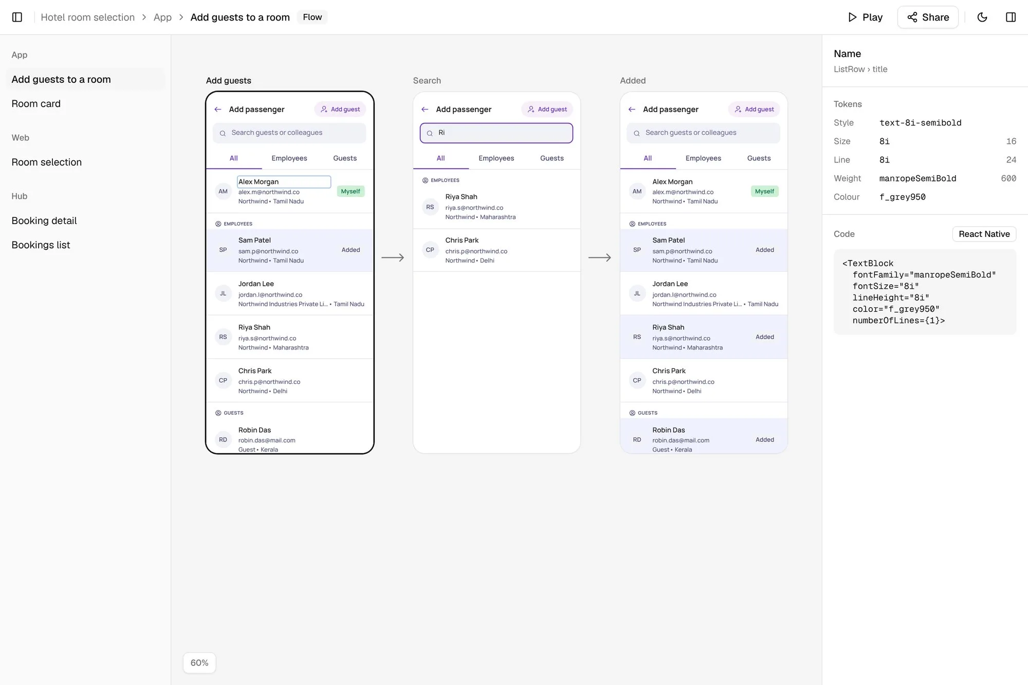 The code tool: three screens of “Add guests to a room” joined by arrows, with an inspector listing a text style’s tokens and its code.
