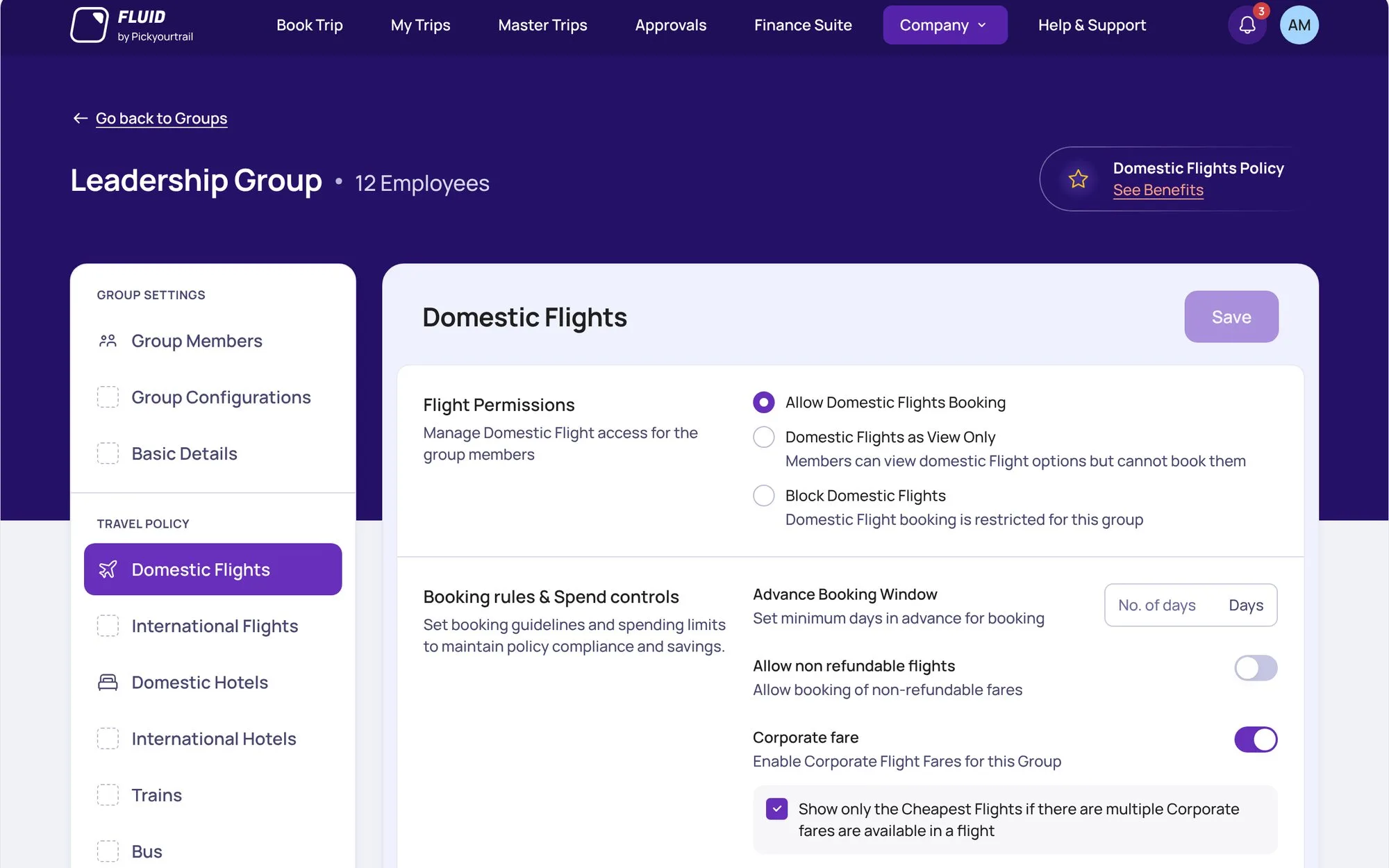 A Fluid Travel Policy screen: a group’s Domestic Flights settings, with booking permissions, rules and spend controls.