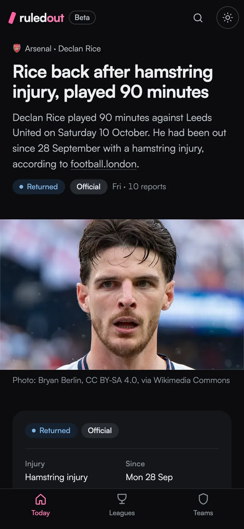 A Ruled Out story on a phone: the headline, its summary and the player’s photo.