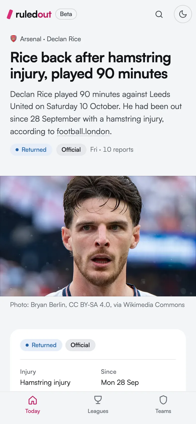 A Ruled Out story on a phone: the headline, its summary and the player’s photo.