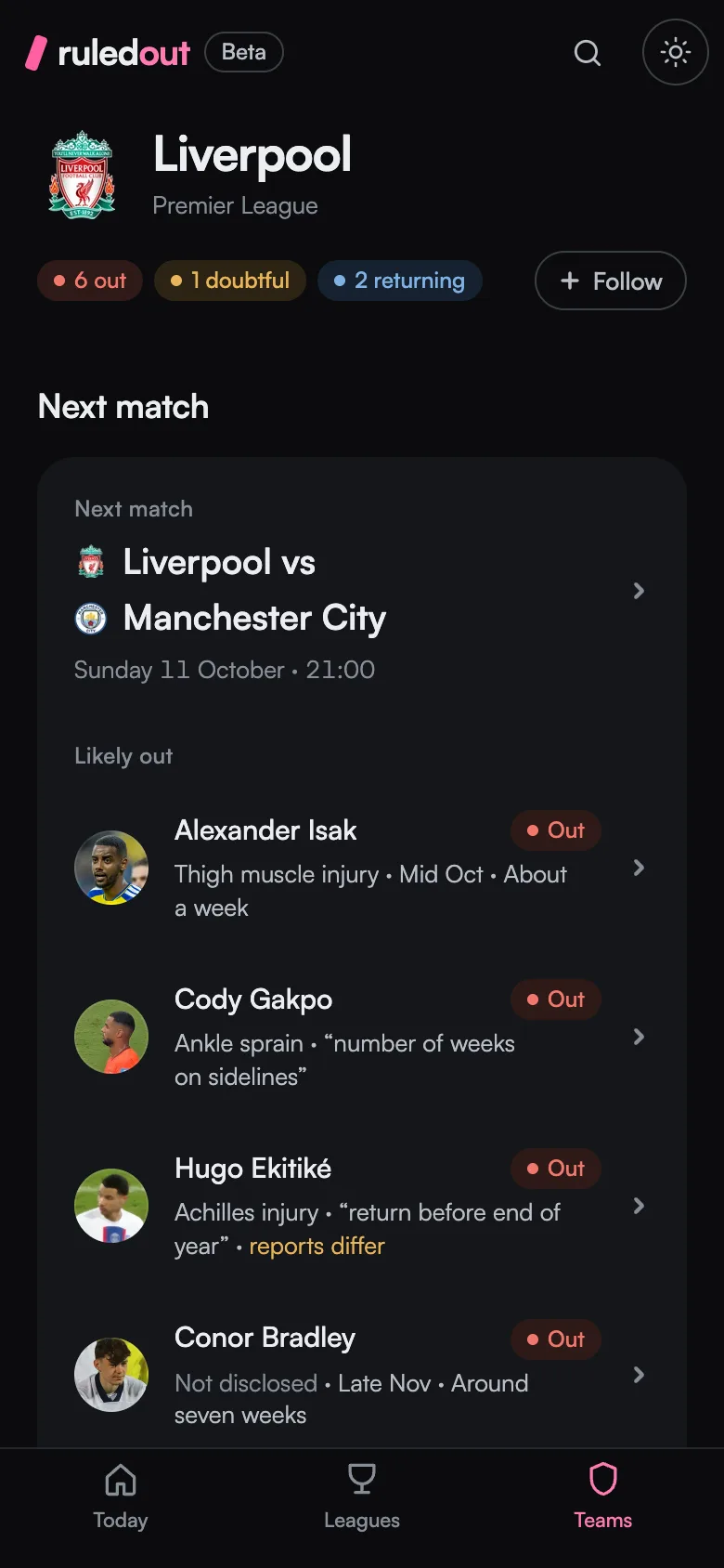 A Ruled Out team page on a phone: the next match, then who is likely out.