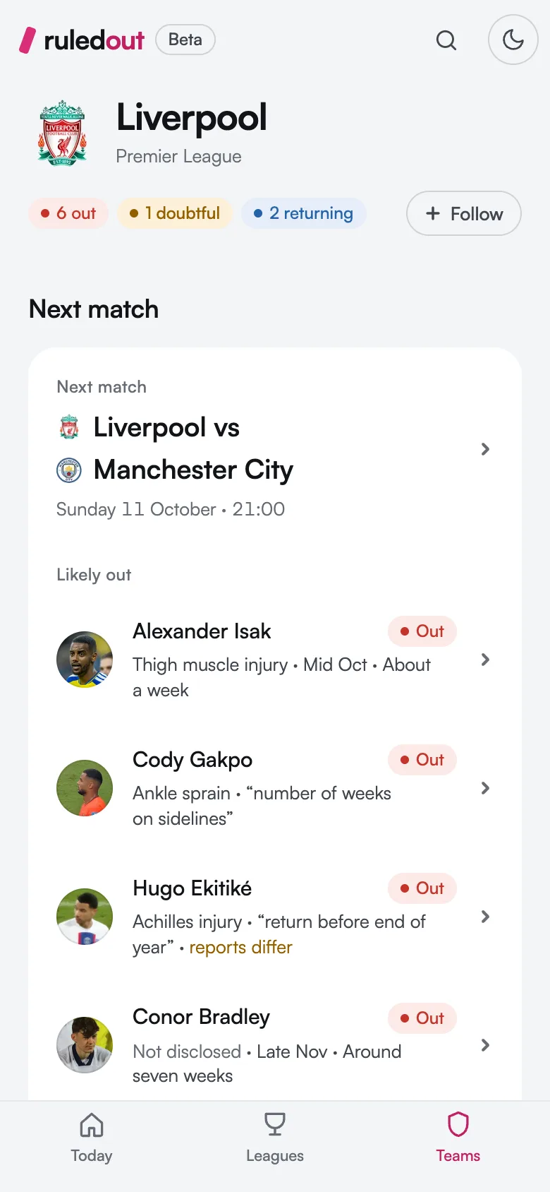 A Ruled Out team page on a phone: the next match, then who is likely out.