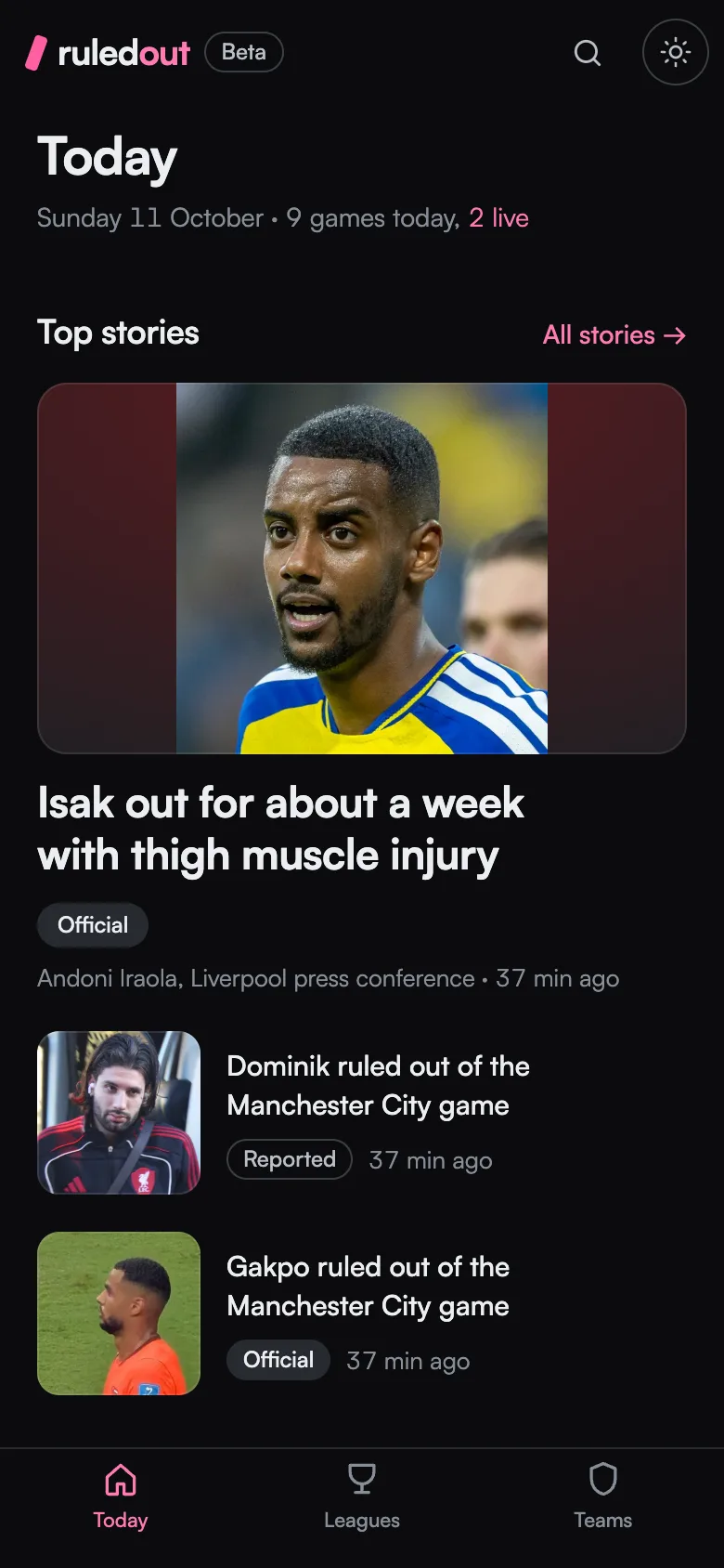 Ruled Out’s Today page on a phone: the top injury stories, with a tab bar under them.