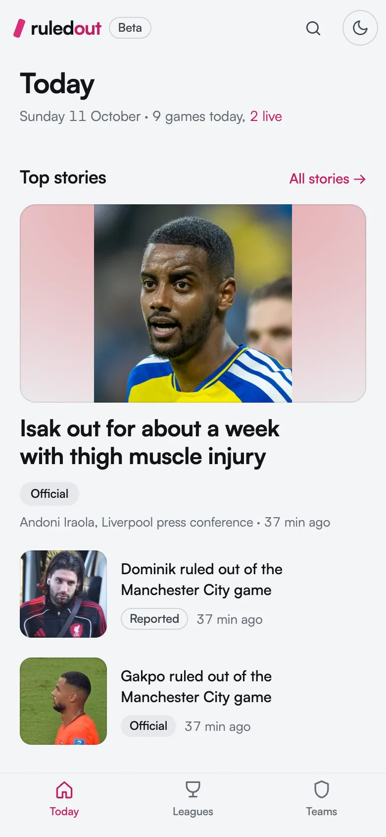 Ruled Out’s Today page on a phone: the top injury stories, with a tab bar under them.