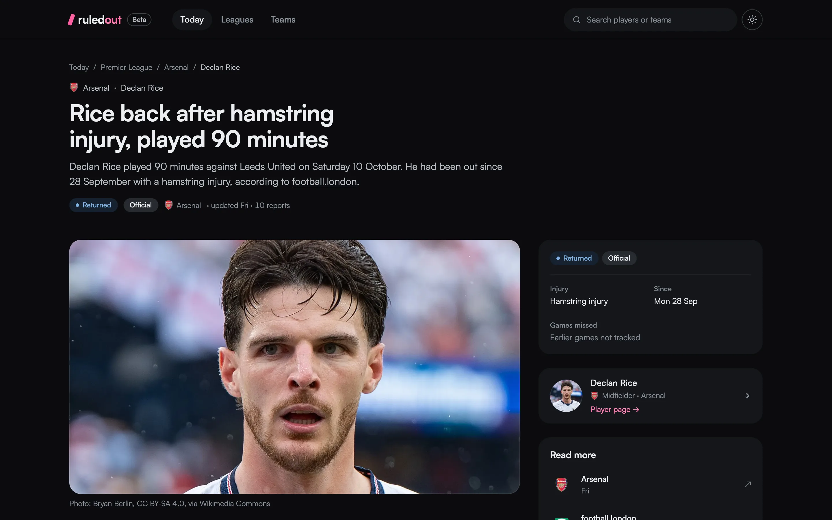 A Ruled Out story page: the headline, a summary that names its source, and the player’s photo beside the injury’s details.