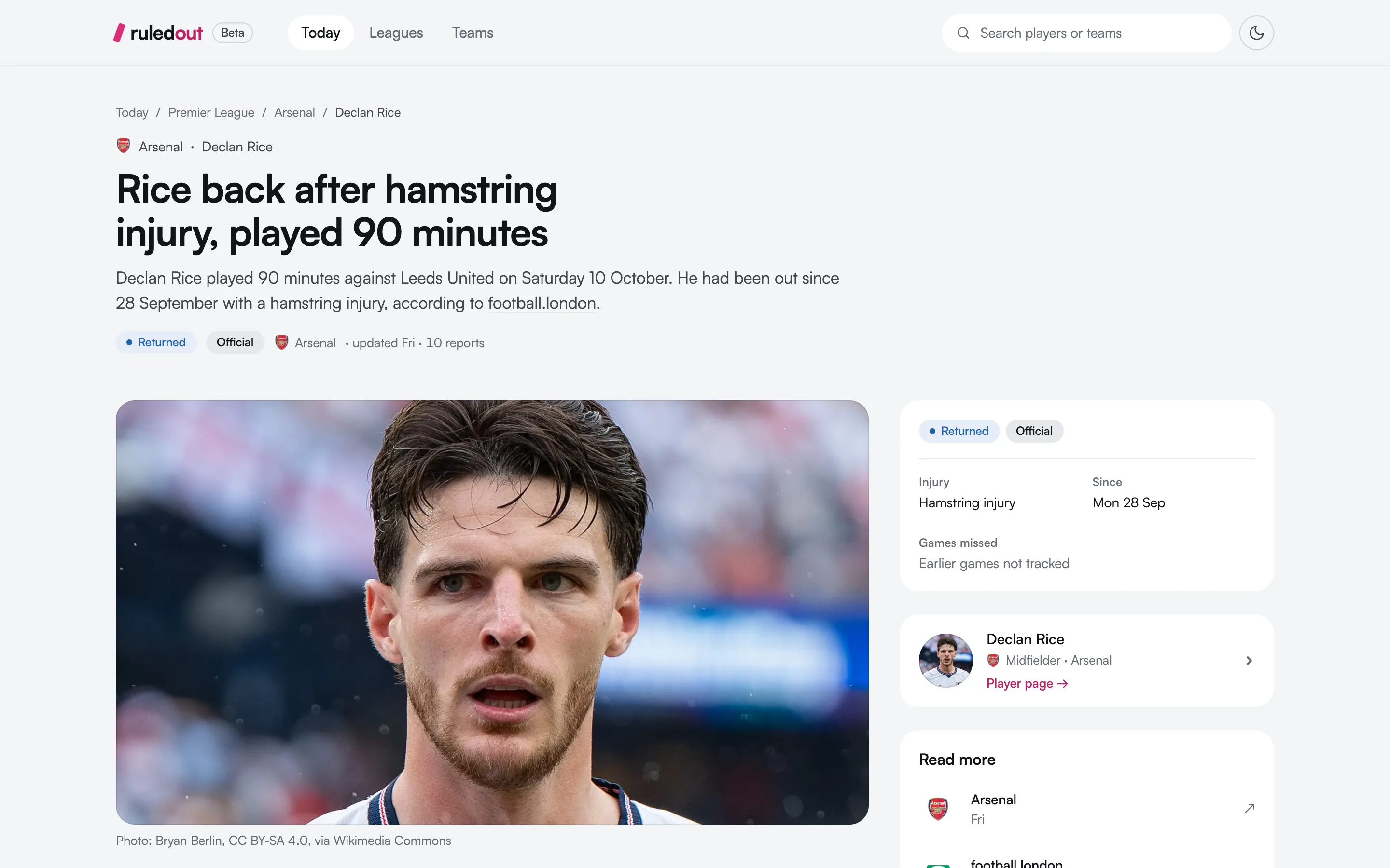A Ruled Out story page: the headline, a summary that names its source, and the player’s photo beside the injury’s details.