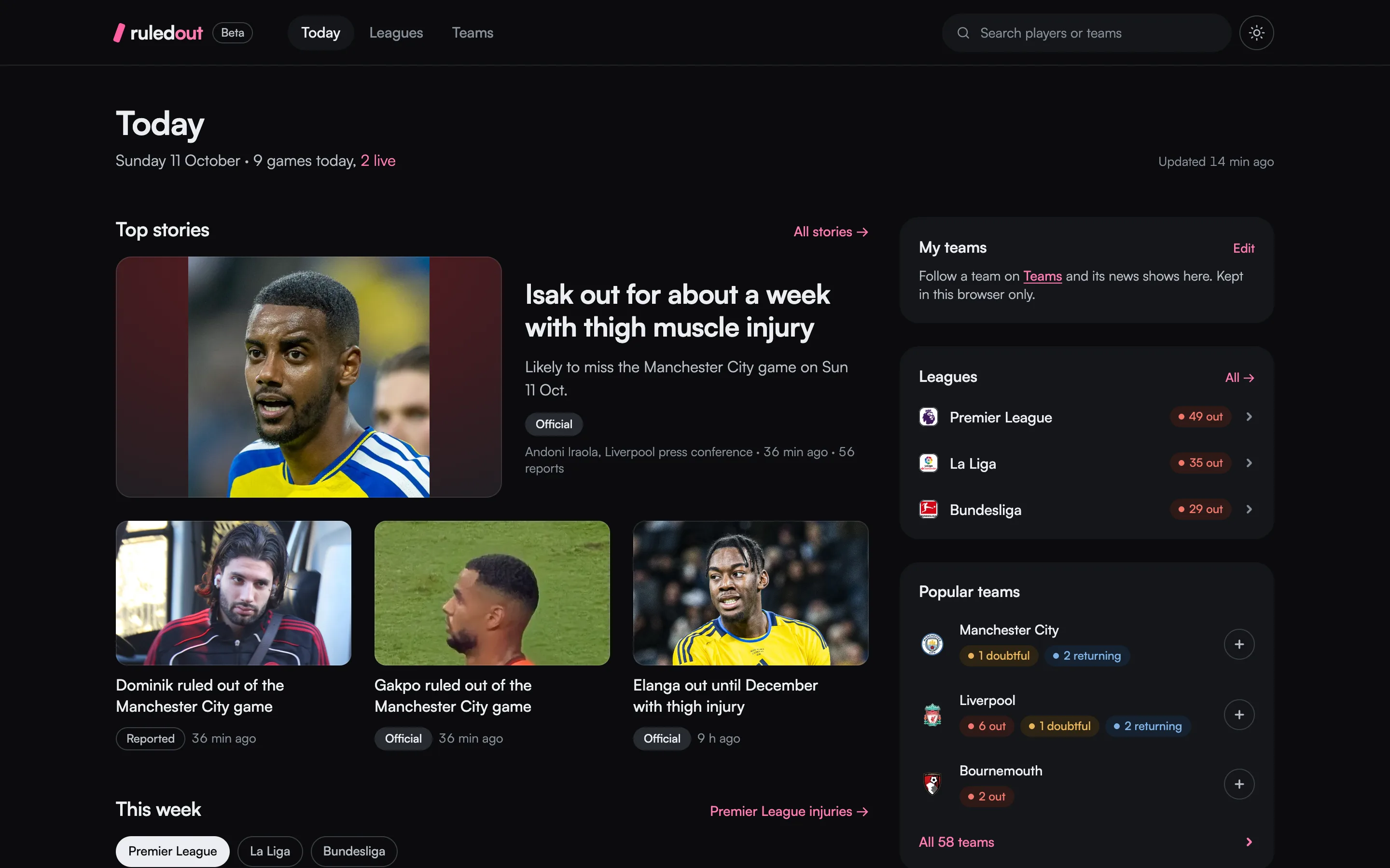 Ruled Out’s Today page on a match day: the top injury stories with players’ photos, beside lists of leagues and teams.