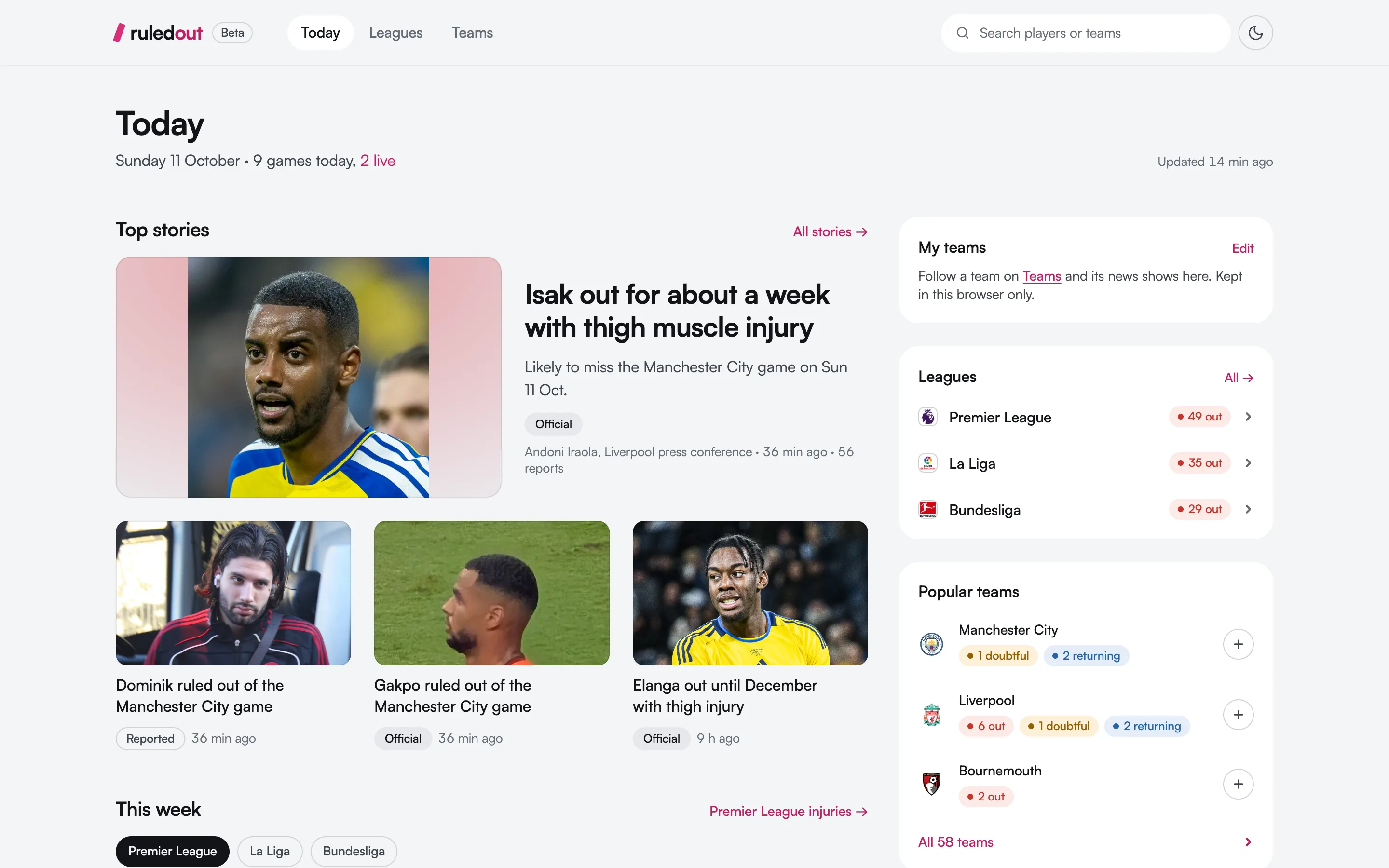 Ruled Out’s Today page on a match day: the top injury stories with players’ photos, beside lists of leagues and teams.