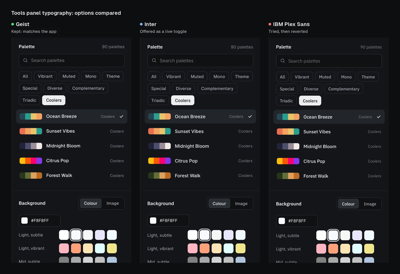 Typito colour tool: Tools panel type: Geist kept, Inter and IBM Plex tried