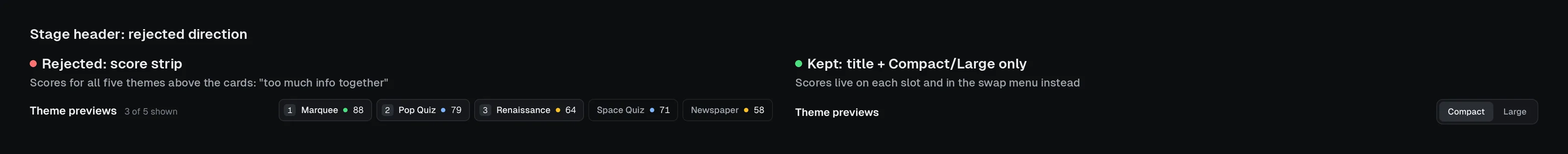 Typito colour tool: Rejected: a score strip in the header