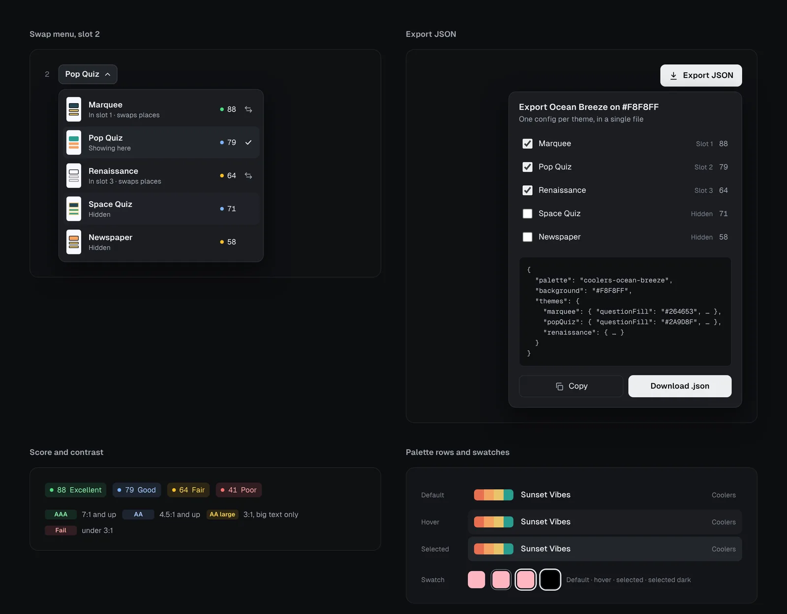 Typito colour tool: States: swap menu, export, scores, palettes