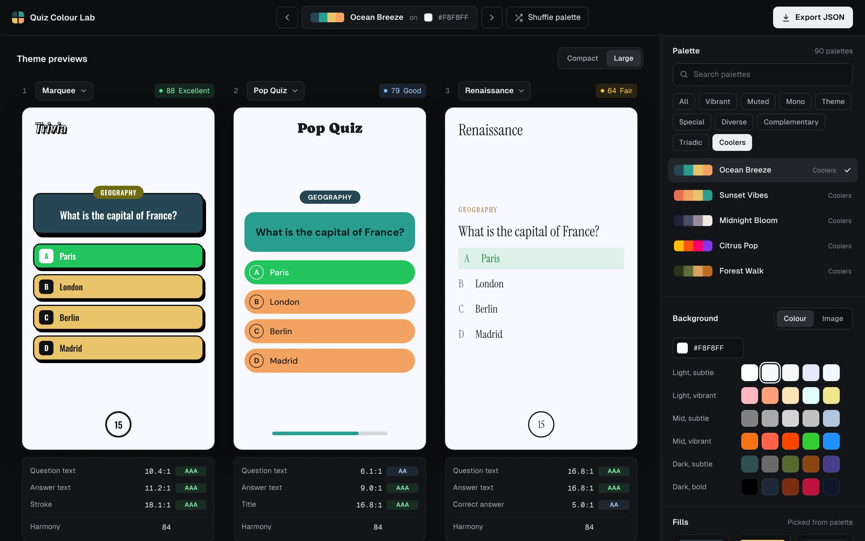The colour tool: three quiz cards in different themes, each with its score, beside a panel of palettes and background colours.